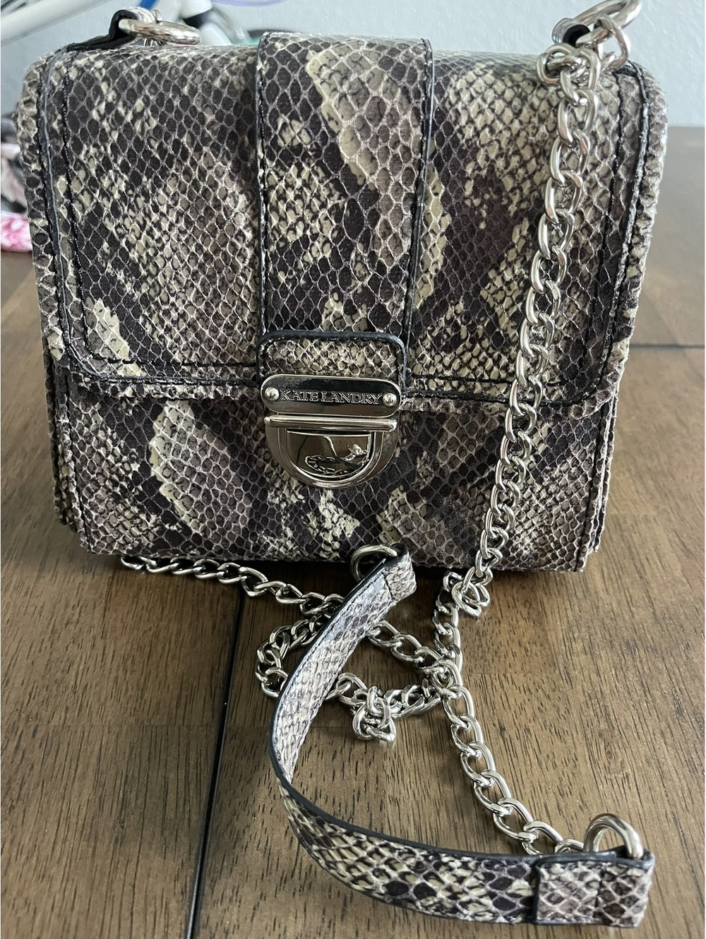 Kate Landry | Snakeskin Print Chain Flap Crossbody Bag